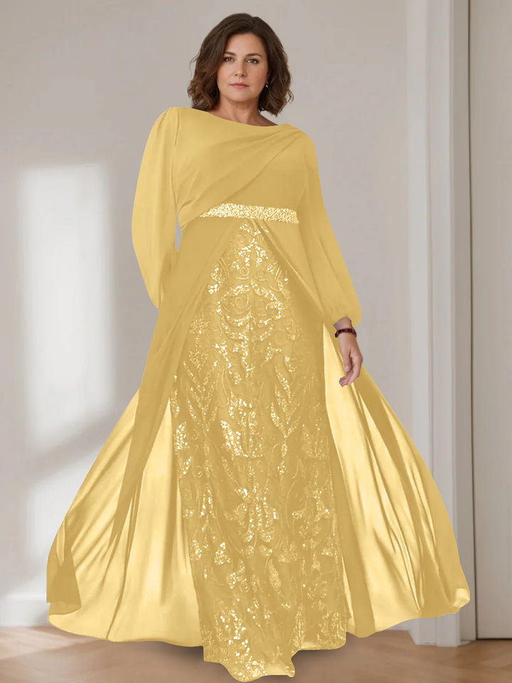 A-Line/Princess Scoop Long Sleeves Floor-Length Plus Size Mother of the Bride Dresses with Sequins