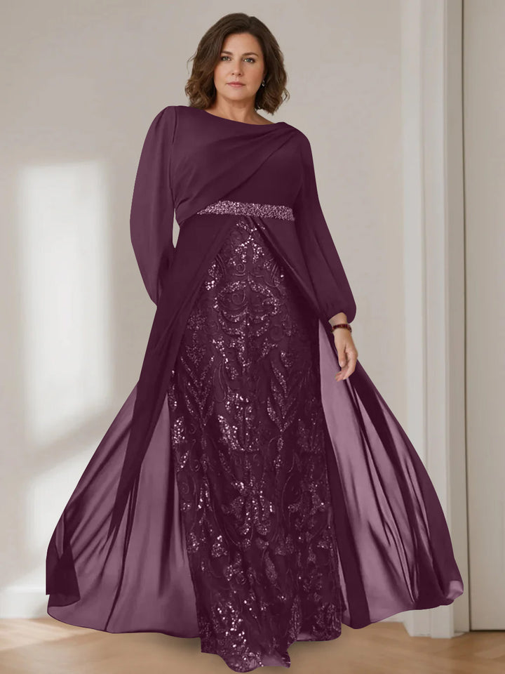 A-Line/Princess Scoop Long Sleeves Floor-Length Plus Size Mother of the Bride Dresses with Sequins