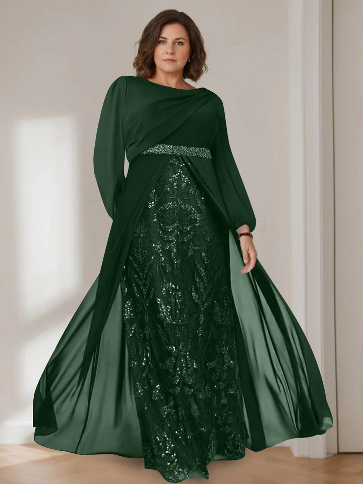 A-Line/Princess Scoop Long Sleeves Floor-Length Plus Size Mother of the Bride Dresses with Sequins
