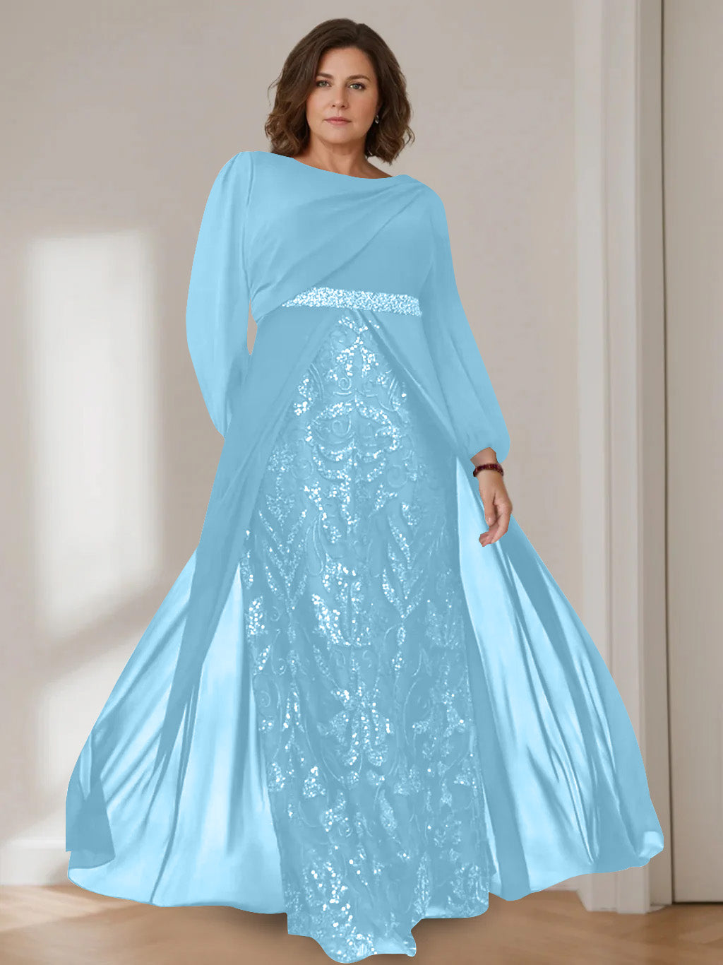 A-Line/Princess Scoop Long Sleeves Floor-Length Plus Size Mother of the Bride Dresses with Sequins