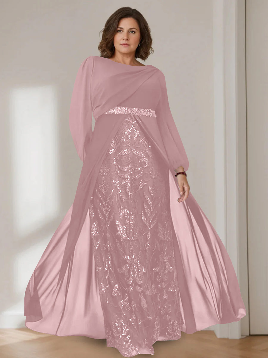 A-Line/Princess Scoop Long Sleeves Floor-Length Plus Size Mother of the Bride Dresses with Sequins