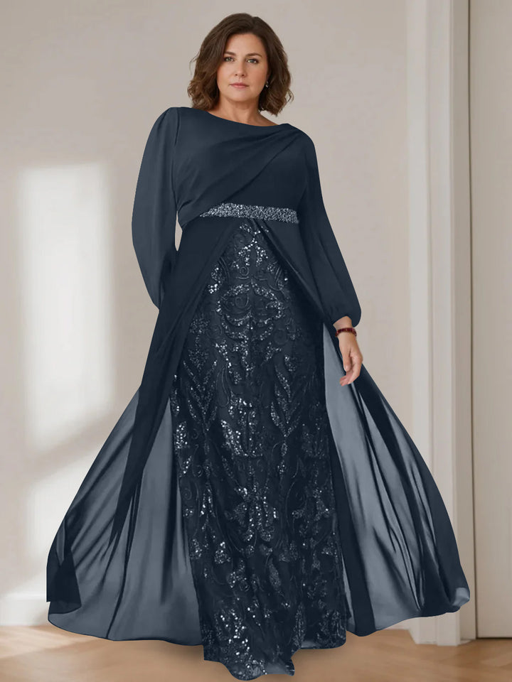 A-Line/Princess Scoop Long Sleeves Floor-Length Plus Size Mother of the Bride Dresses with Sequins