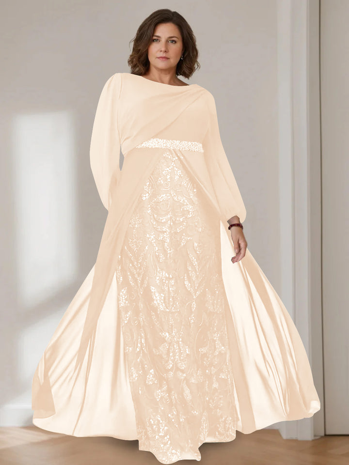 A-Line/Princess Scoop Long Sleeves Floor-Length Plus Size Mother of the Bride Dresses with Sequins