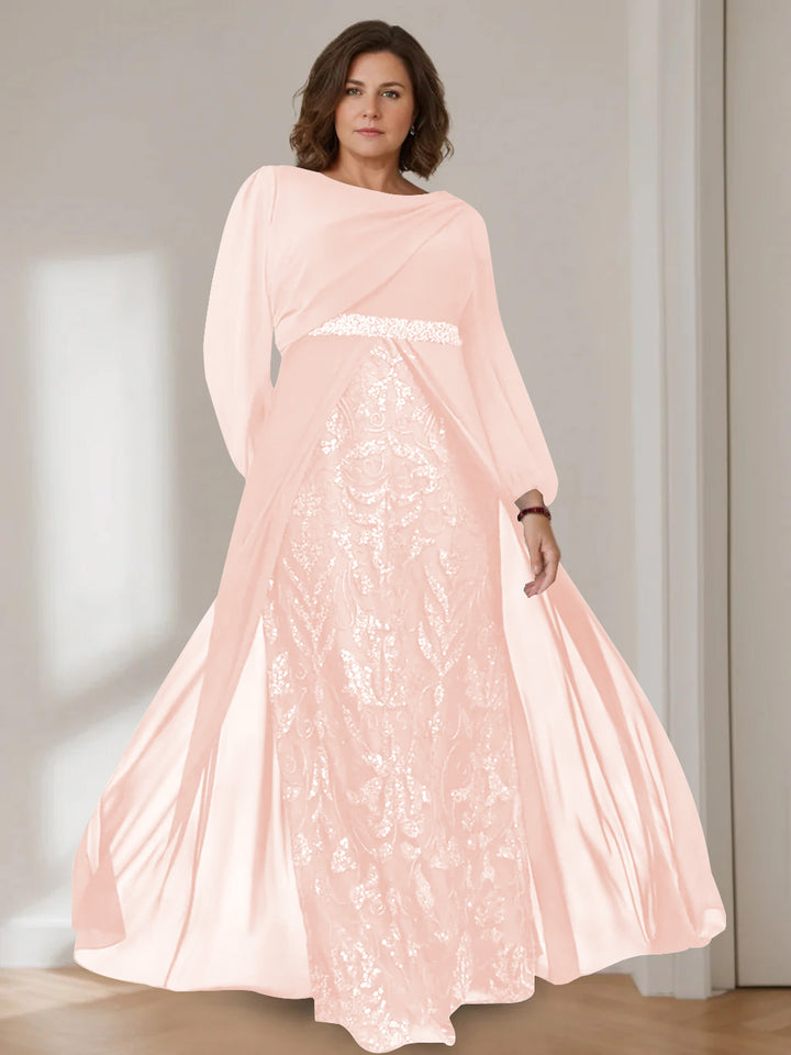 A-Line/Princess Scoop Long Sleeves Floor-Length Plus Size Mother of the Bride Dresses with Sequins