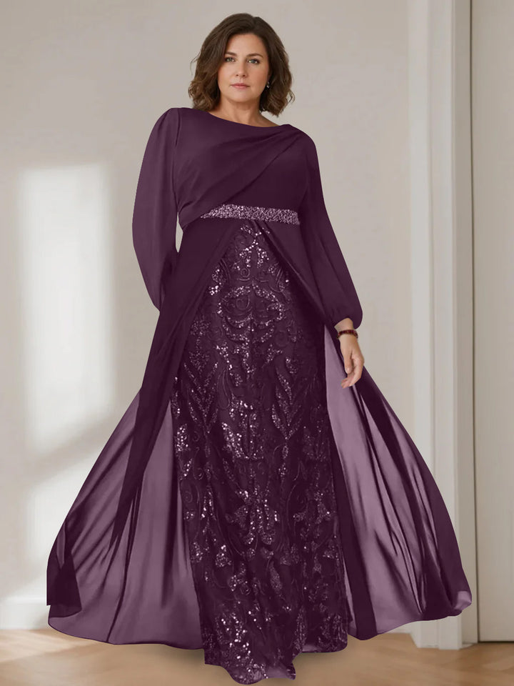 A-Line/Princess Scoop Long Sleeves Floor-Length Plus Size Mother of the Bride Dresses with Sequins