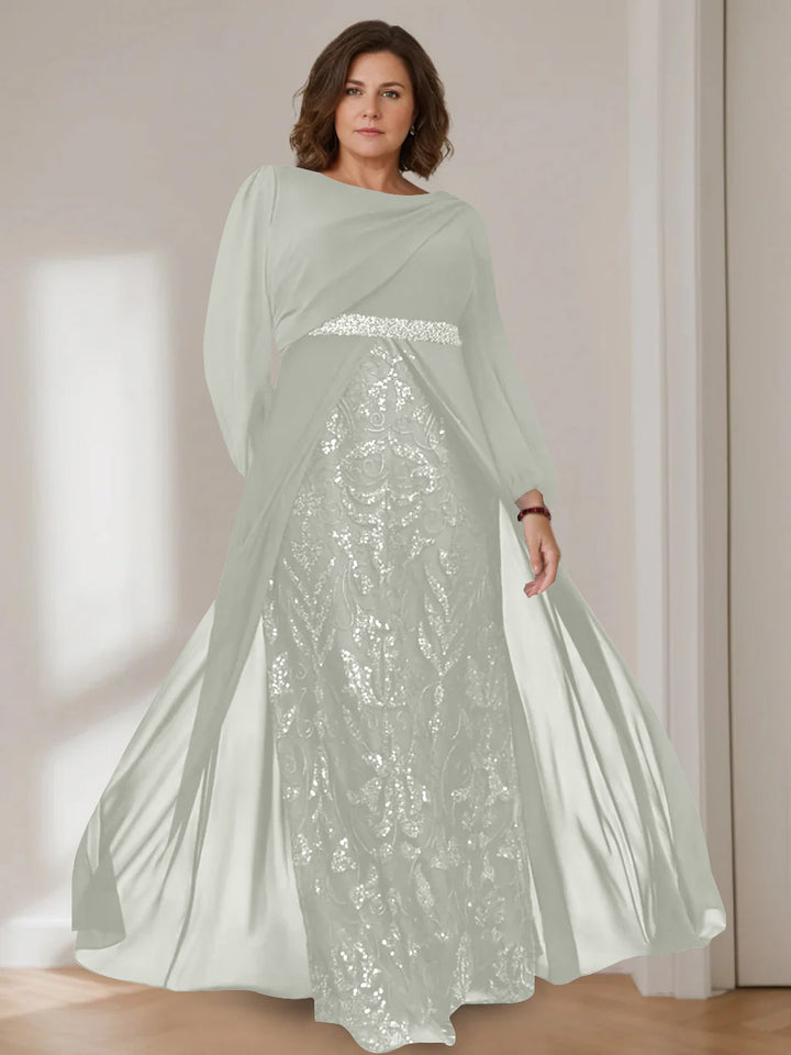 A-Line/Princess Scoop Long Sleeves Floor-Length Plus Size Mother of the Bride Dresses with Sequins