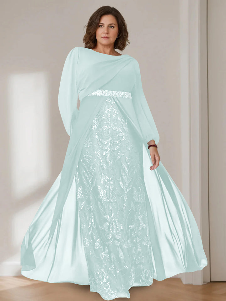 A-Line/Princess Scoop Long Sleeves Floor-Length Plus Size Mother of the Bride Dresses with Sequins