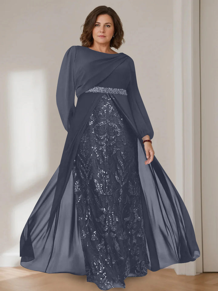A-Line/Princess Scoop Long Sleeves Floor-Length Plus Size Mother of the Bride Dresses with Sequins