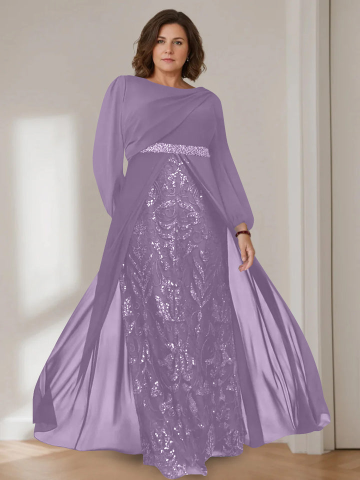 A-Line/Princess Scoop Long Sleeves Floor-Length Plus Size Mother of the Bride Dresses with Sequins