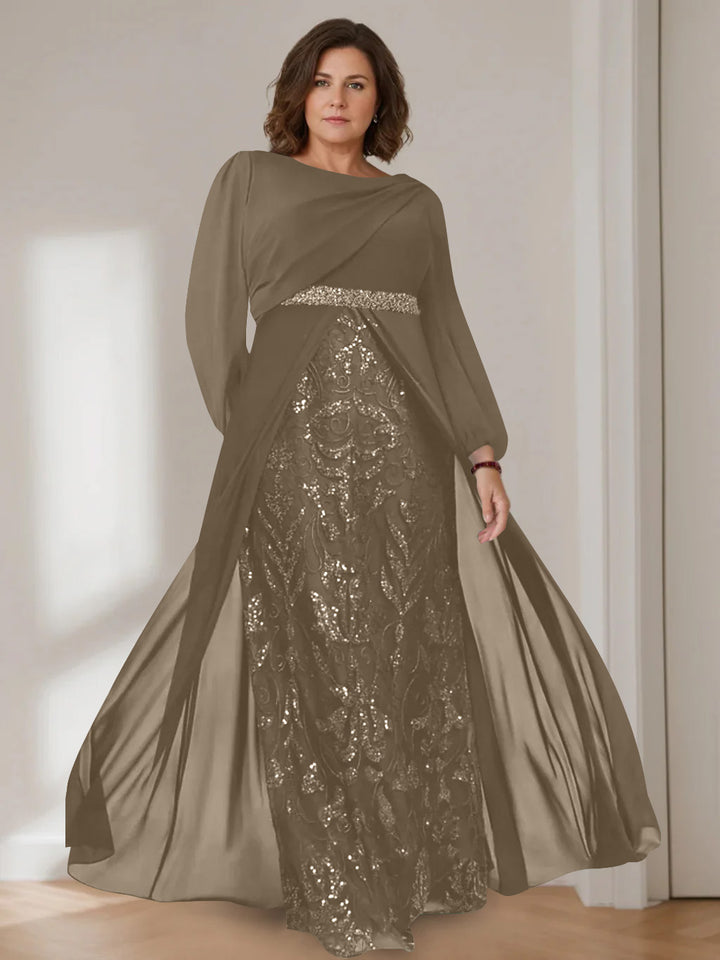 A-Line/Princess Scoop Long Sleeves Floor-Length Plus Size Mother of the Bride Dresses with Sequins