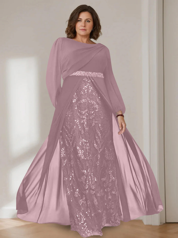 A-Line/Princess Scoop Long Sleeves Floor-Length Plus Size Mother of the Bride Dresses with Sequins