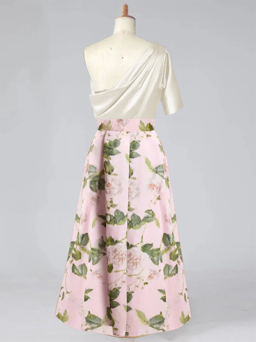 A-Line/Princess One-shoulder Printed Flower Plus Size Mother of the Bride Dresses with Bow Belt White A-Line/Princess One-shoulder Printed Flower Plus Size Mother of the Bride Dresses with Bow Belt White