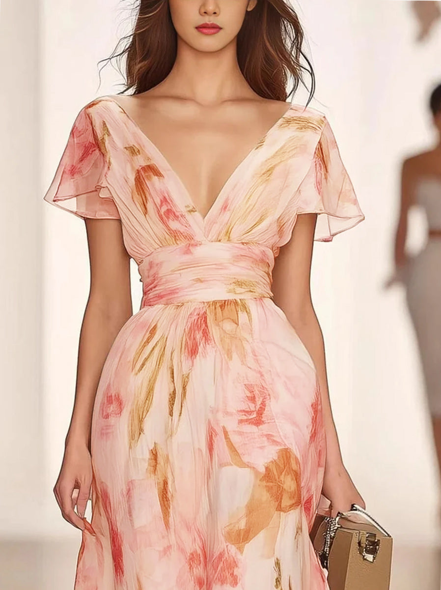 A-Line/Princess V-Neck Short Sleeves Printed Floral Mother of the Bride Dresses with Ruffles