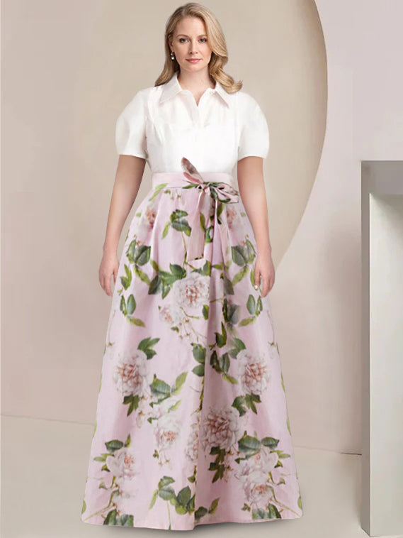 A-Line/Princess Shirt Collar Short Sleeves Floor-Length Printed Floral -  Mondressy