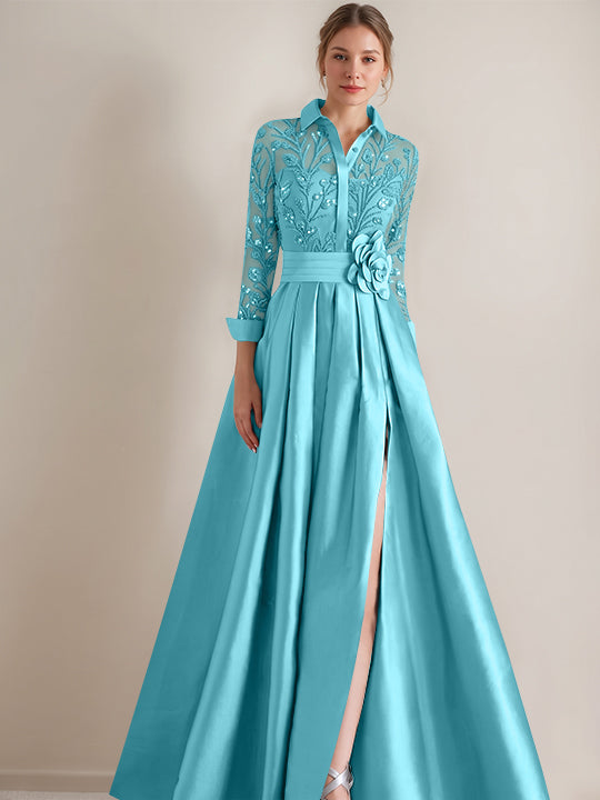 A-Line/Princess Shirt Collar Long Sleeves Floor-Length Mother of the Bride Dresses with Appliques & Flower Belt