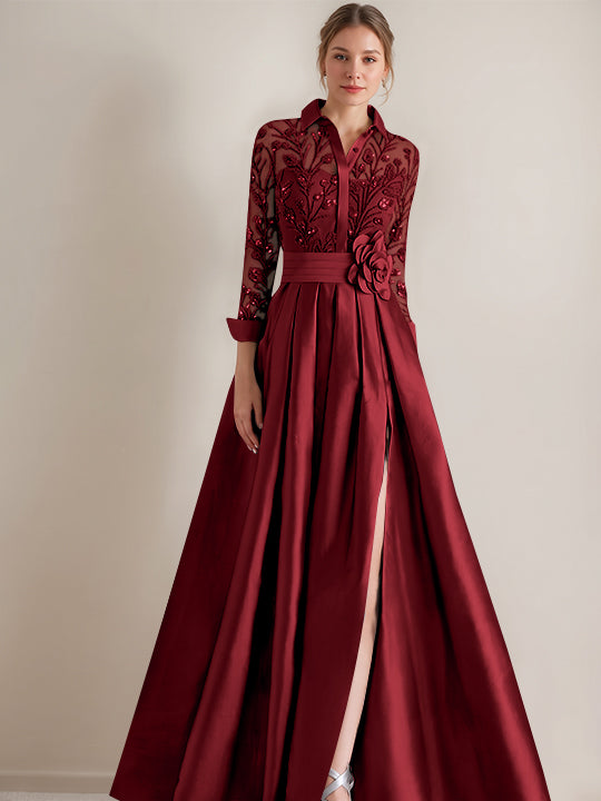 A-Line/Princess Shirt Collar Long Sleeves Floor-Length Mother of the Bride Dresses with Appliques & Flower Belt
