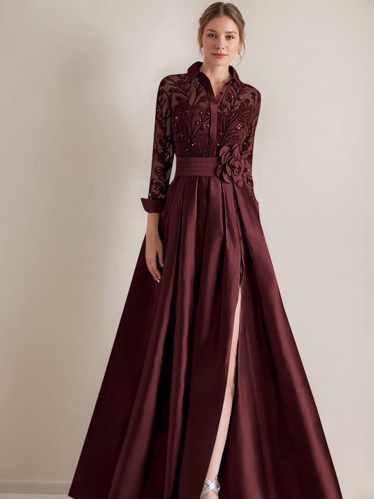 A-Line/Princess Shirt Collar Long Sleeves Floor-Length Mother of the Bride Dresses with Appliques & Flower Belt