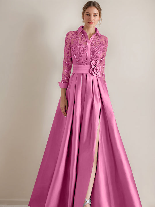 A-Line/Princess Shirt Collar Long Sleeves Floor-Length Mother of the Bride Dresses with Appliques & Flower Belt