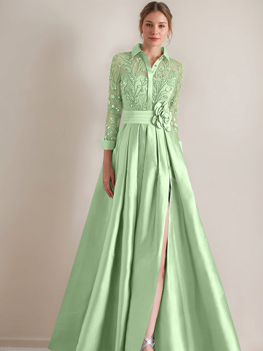 A-Line/Princess Shirt Collar Long Sleeves Floor-Length Mother of the Bride Dresses with Appliques & Flower Belt