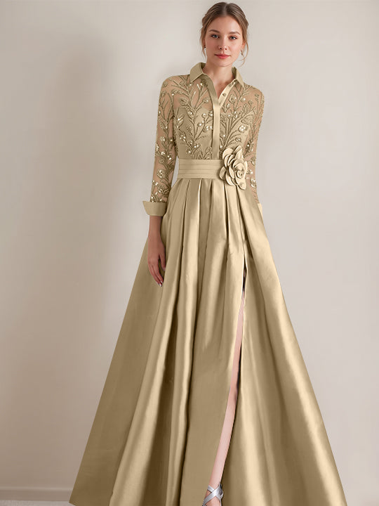 A-Line/Princess Shirt Collar Long Sleeves Floor-Length Mother of the Bride Dresses with Appliques & Flower Belt