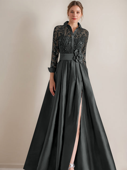 A-Line/Princess Shirt Collar Long Sleeves Floor-Length Mother of the Bride Dresses with Appliques & Flower Belt