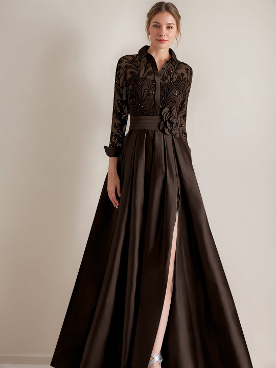 A-Line/Princess Shirt Collar Long Sleeves Floor-Length Mother of the Bride Dresses with Appliques & Flower Belt
