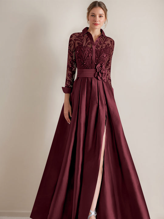 A-Line/Princess Shirt Collar Long Sleeves Floor-Length Mother of the Bride Dresses with Appliques & Flower Belt