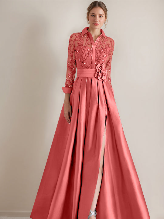 A-Line/Princess Shirt Collar Long Sleeves Floor-Length Mother of the Bride Dresses with Appliques & Flower Belt