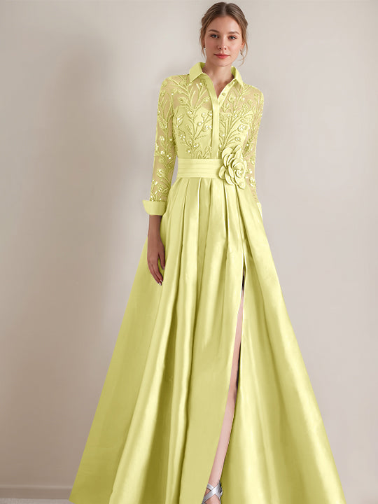 A-Line/Princess Shirt Collar Long Sleeves Floor-Length Mother of the Bride Dresses with Appliques & Flower Belt