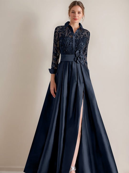 A-Line/Princess Shirt Collar Long Sleeves Floor-Length Mother of the Bride Dresses with Appliques & Flower Belt