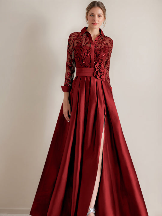 A-Line/Princess Shirt Collar Long Sleeves Floor-Length Mother of the Bride Dresses with Appliques & Flower Belt