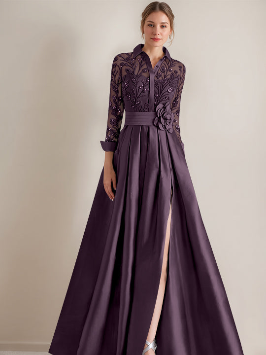 A-Line/Princess Shirt Collar Long Sleeves Floor-Length Mother of the Bride Dresses with Appliques & Flower Belt