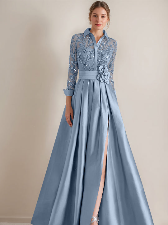 A-Line/Princess Shirt Collar Long Sleeves Floor-Length Mother of the Bride Dresses with Appliques & Flower Belt