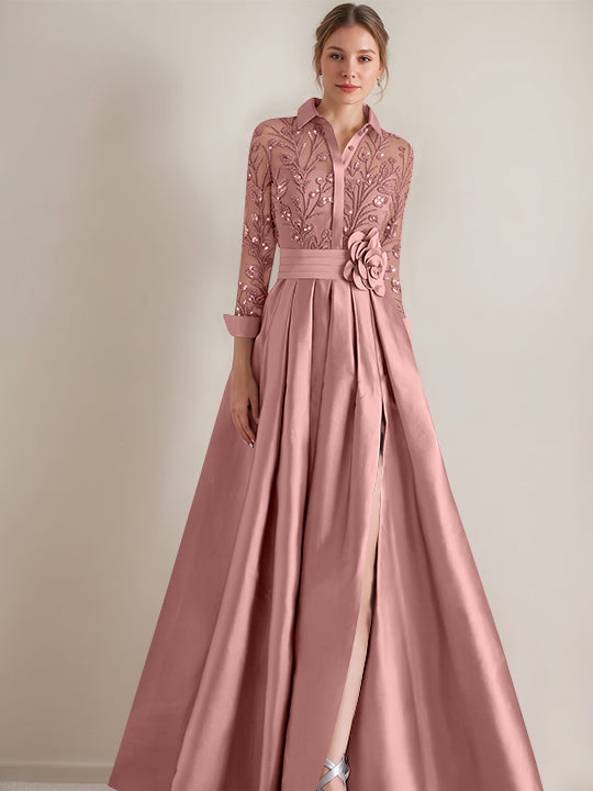 A-Line/Princess Shirt Collar Long Sleeves Floor-Length Mother of the Bride Dresses with Appliques & Flower Belt