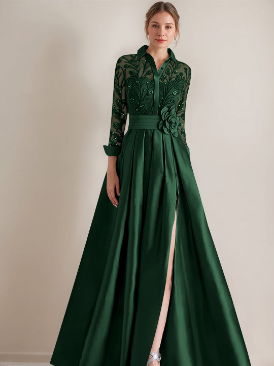 A-Line/Princess Shirt Collar Long Sleeves Floor-Length Mother of the Bride Dresses with Appliques & Flower Belt