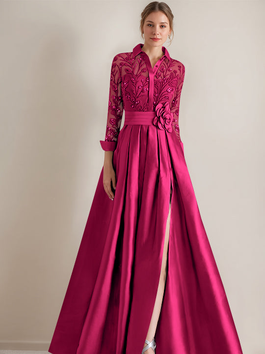A-Line/Princess Shirt Collar Long Sleeves Floor-Length Mother of the Bride Dresses with Appliques & Flower Belt