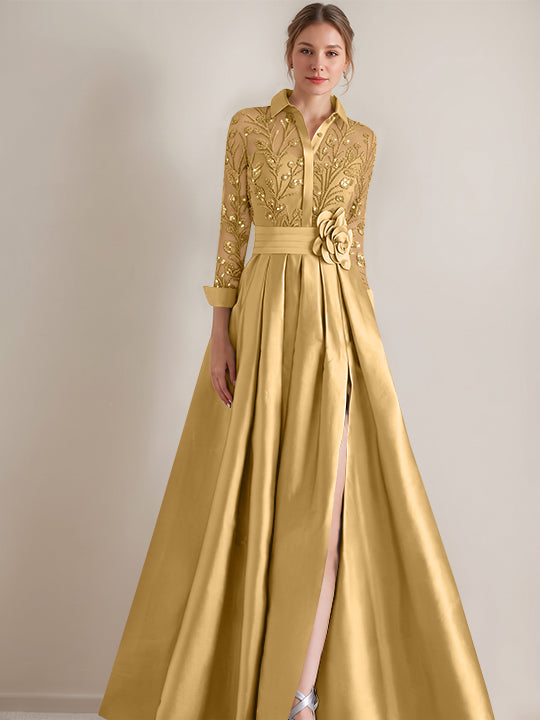 A-Line/Princess Shirt Collar Long Sleeves Floor-Length Mother of the Bride Dresses with Appliques & Flower Belt