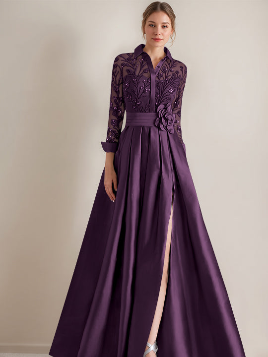 A-Line/Princess Shirt Collar Long Sleeves Floor-Length Mother of the Bride Dresses with Appliques & Flower Belt