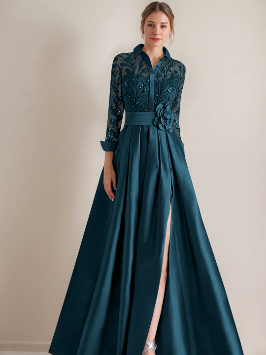 A-Line/Princess Shirt Collar Long Sleeves Floor-Length Mother of the Bride Dresses with Appliques & Flower Belt