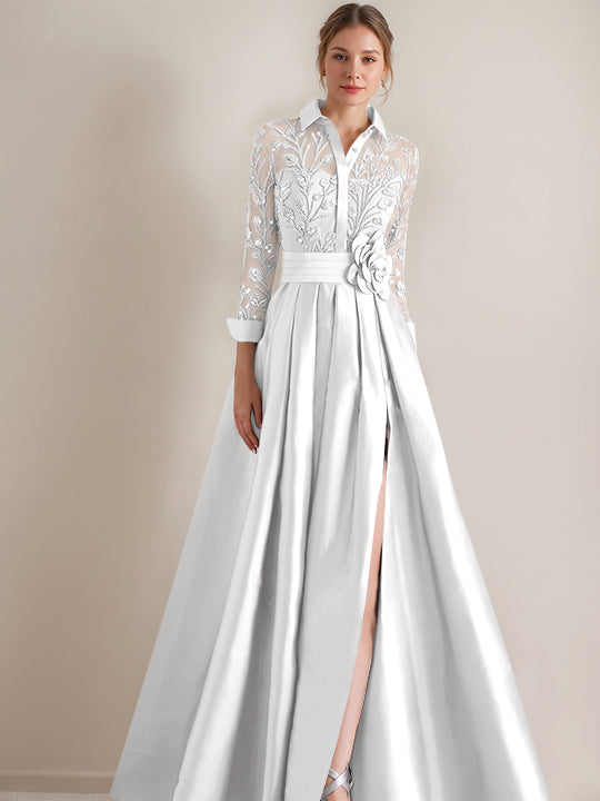 A-Line/Princess Shirt Collar Long Sleeves Floor-Length Mother of the Bride Dresses with Appliques & Flower Belt
