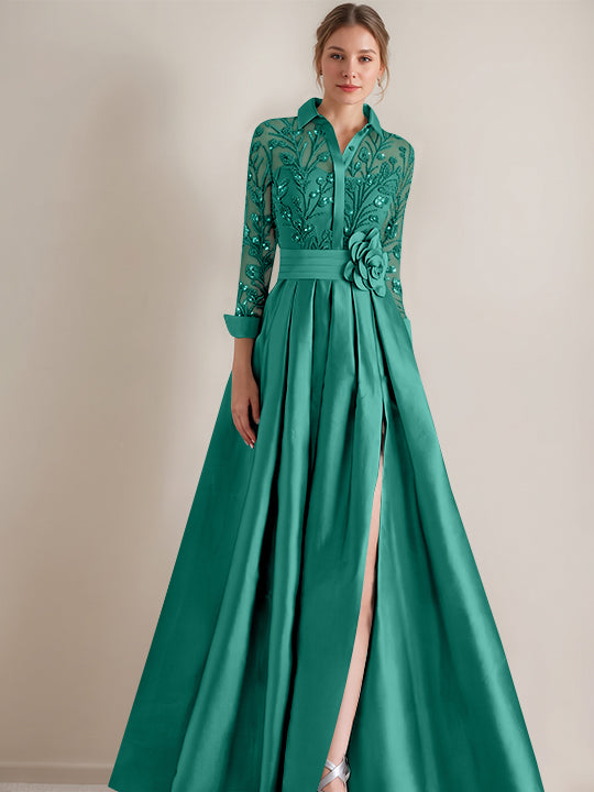 A-Line/Princess Shirt Collar Long Sleeves Floor-Length Mother of the Bride Dresses with Appliques & Flower Belt