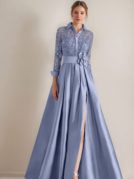 A-Line/Princess Shirt Collar Long Sleeves Floor-Length Mother of the Bride Dresses with Appliques & Flower Belt