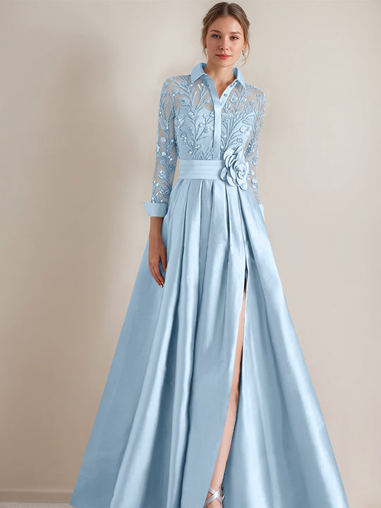 A-Line/Princess Shirt Collar Long Sleeves Floor-Length Mother of the Bride Dresses with Appliques & Flower Belt