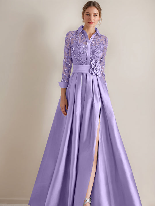 A-Line/Princess Shirt Collar Long Sleeves Floor-Length Mother of the Bride Dresses with Appliques & Flower Belt