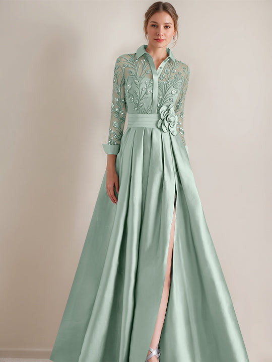 A-Line/Princess Shirt Collar Long Sleeves Floor-Length Mother of the Bride Dresses with Appliques & Flower Belt