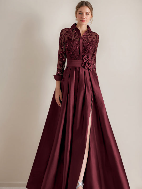 A-Line/Princess Shirt Collar Long Sleeves Floor-Length Mother of the Bride Dresses with Appliques & Flower Belt