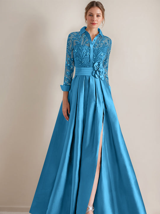 A-Line/Princess Shirt Collar Long Sleeves Floor-Length Mother of the Bride Dresses with Appliques & Flower Belt
