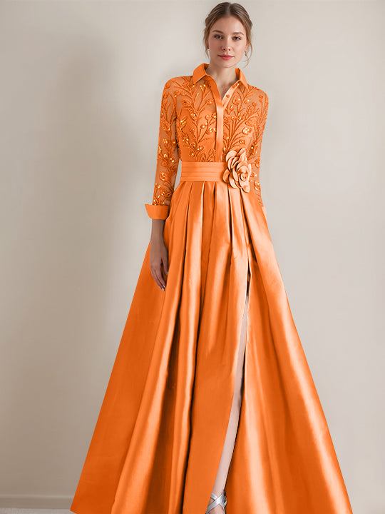 A-Line/Princess Shirt Collar Long Sleeves Floor-Length Mother of the Bride Dresses with Appliques & Flower Belt