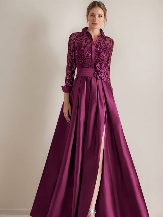 A-Line/Princess Shirt Collar Long Sleeves Floor-Length Mother of the Bride Dresses with Appliques & Flower Belt