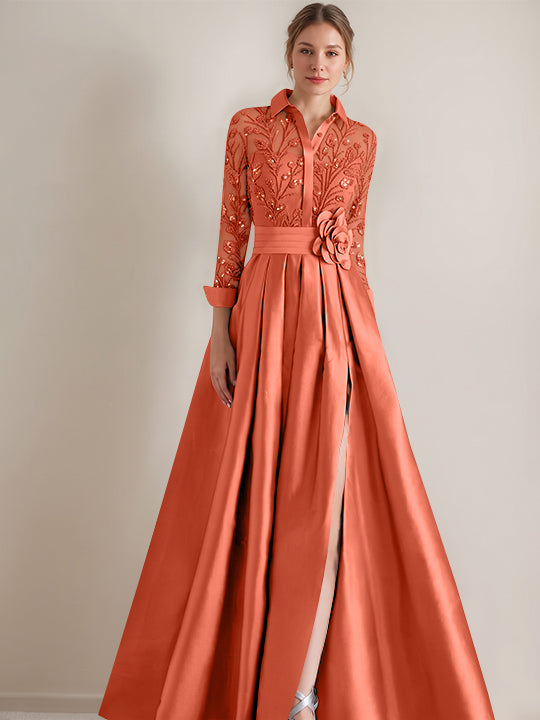 A-Line/Princess Shirt Collar Long Sleeves Floor-Length Mother of the Bride Dresses with Appliques & Flower Belt